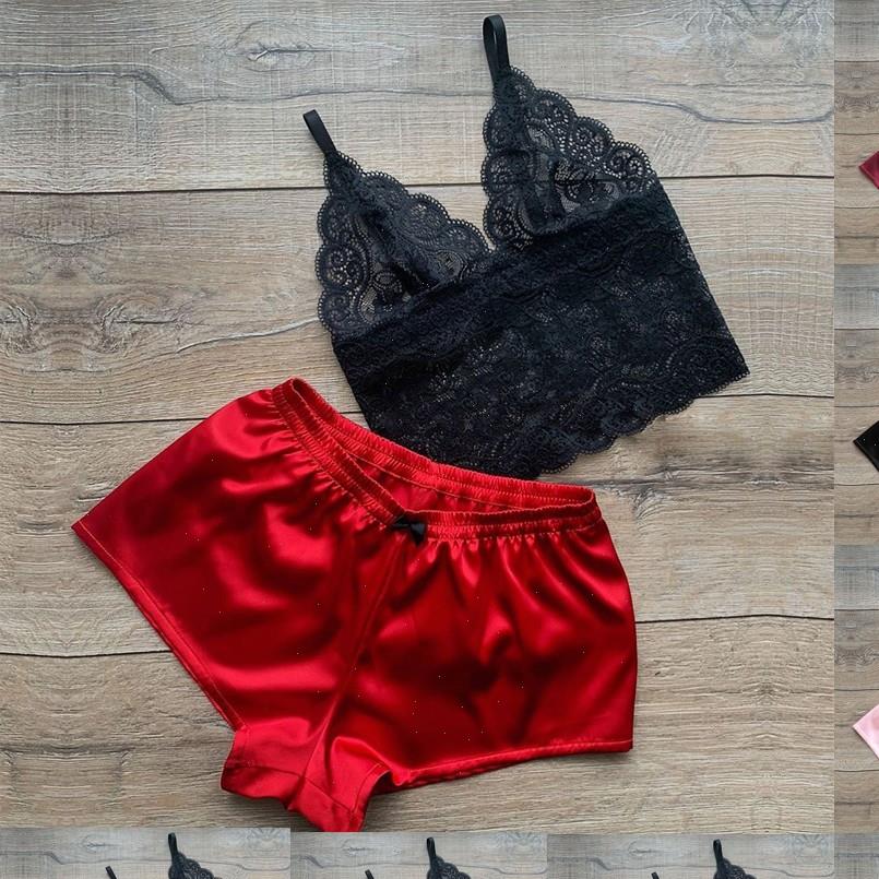 

Floral Lace Bralette Satin Shorts Womens Sleepwears Set Lingerie Summer Sexy Sets Ladies Bra And Panty Underwear Pajama, Black;red