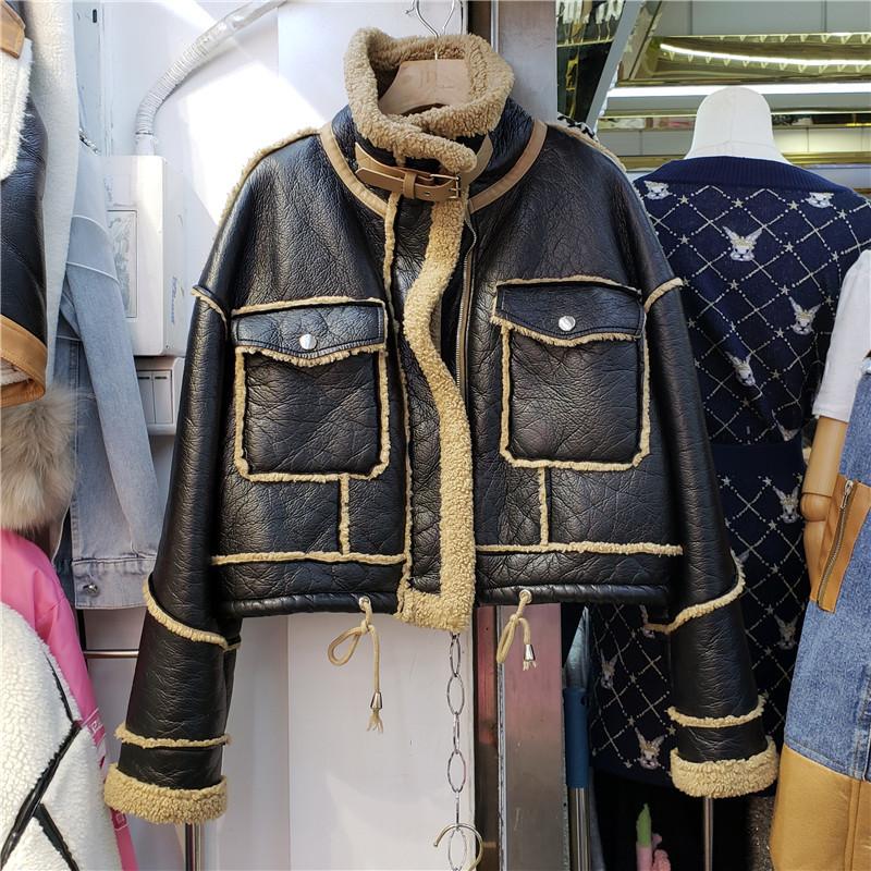 

Women's Leather & Faux Fashion Lamb Wool Patchwork PU Jacket Women Coat Short 2021 Winter Stand Collar Long Sleeve Motorcycle Fur Outwear, Black