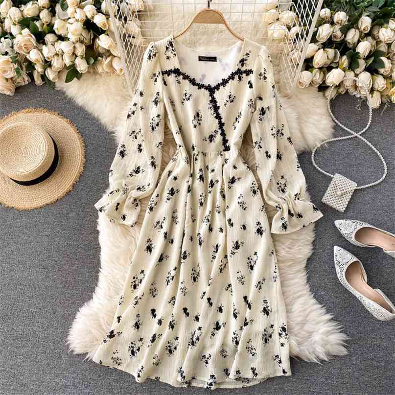 

Foamlilna women floral print dress elegant v neck puff sleeve chiffon casual female spring summer work office midi 210603, Apricot