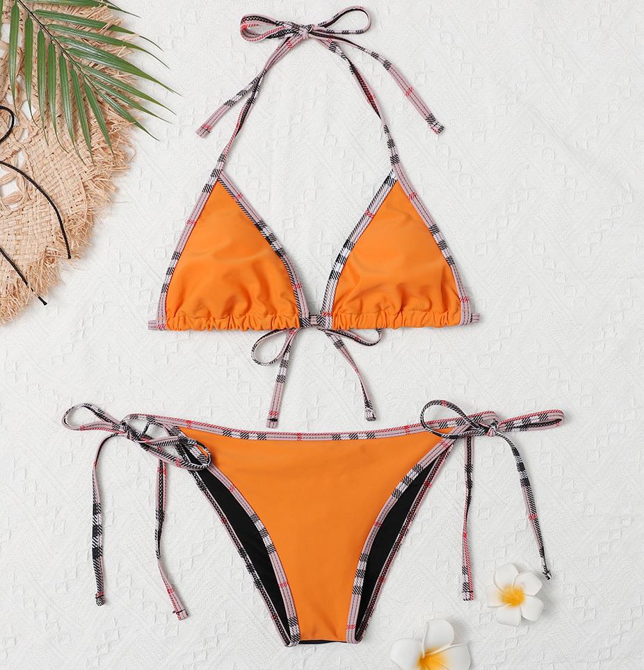 

Orange Bikini Womens Swimwear Set Textile Plaid Edge Women Swimsuit Bikinis Fashion Ladies Split Beach Wear, White;black