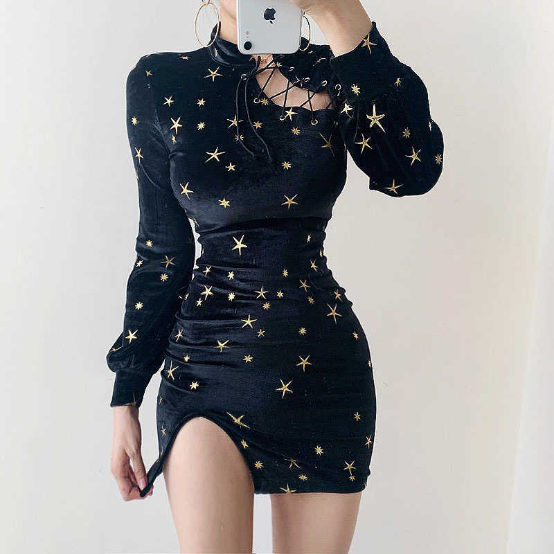 

Spring Vintage improved cheongsam dress Chinese sexy split package hip velvet sky star print long sleeve 210604, Black