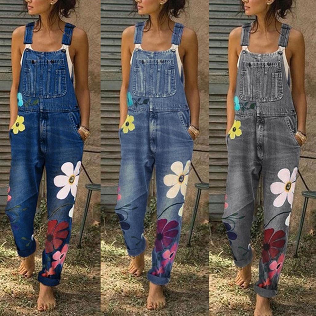 

bib jumpsuits flower printed women pants blue jeans romper fashion denim long rompers overalls, Black;white