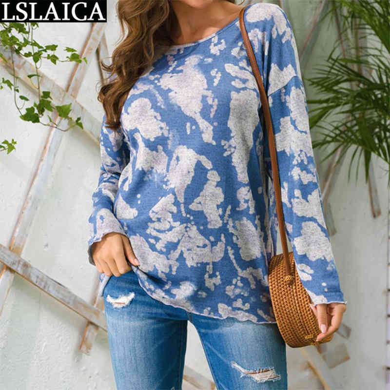 

Plus Size 5xl Blouse Women Fashion Print Long Sleeve O Neck Casual Tops Loose Ladies Shirts Fall Clothing Streetwear 210520, Blue