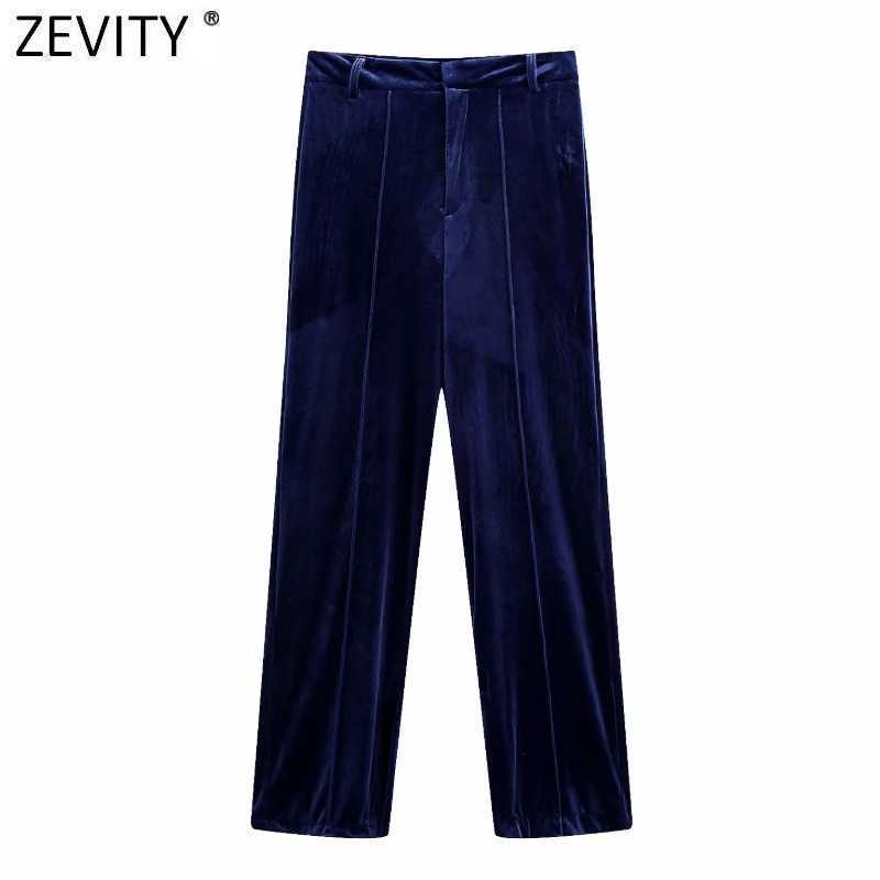 

Zevity Women Vintage Solid Color Velvet Straight Pants Pajama Female Chic Zipper Fly Side Split Casual Slim Long Trousers P970 210603, As pic p970bb