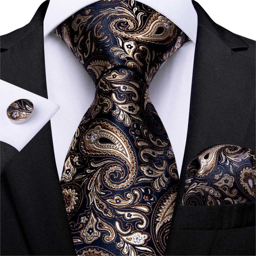 

Men Tie Gold Blue Paisley Wedding Tie For Men Hanky Cufflinks Silk Men Tie Set Party Business Fashion DiBanGu Designer MJ-7249 H1018