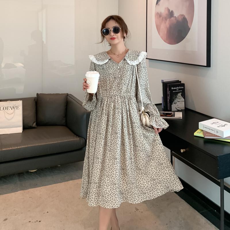 

Maternity Dresses 2081# Dress Turn Down Collar Long Sleeves Midi Pregnancy Loose Large Size Pregnant Woman Mom, White