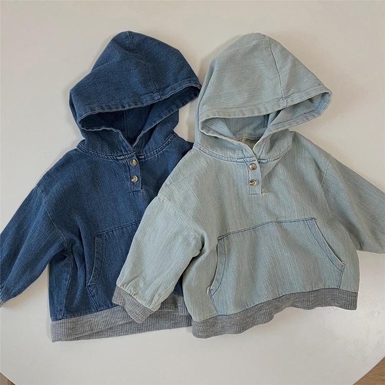 

Jackets Spring Fall Children Fashion Knitted Stitched Hooded Big Pocket Denim Top Sweater Kid Coats Boys Girls Soild Color Clothing, Blue;gray