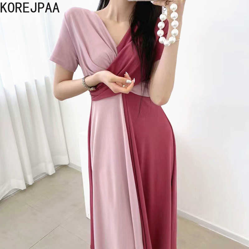 

Korejpaa Women Dress Summer Korean Fashion Retro Elegant Commut V-neck Cross Twist Crash Color Design Long Dresses Female 210526, Photo color