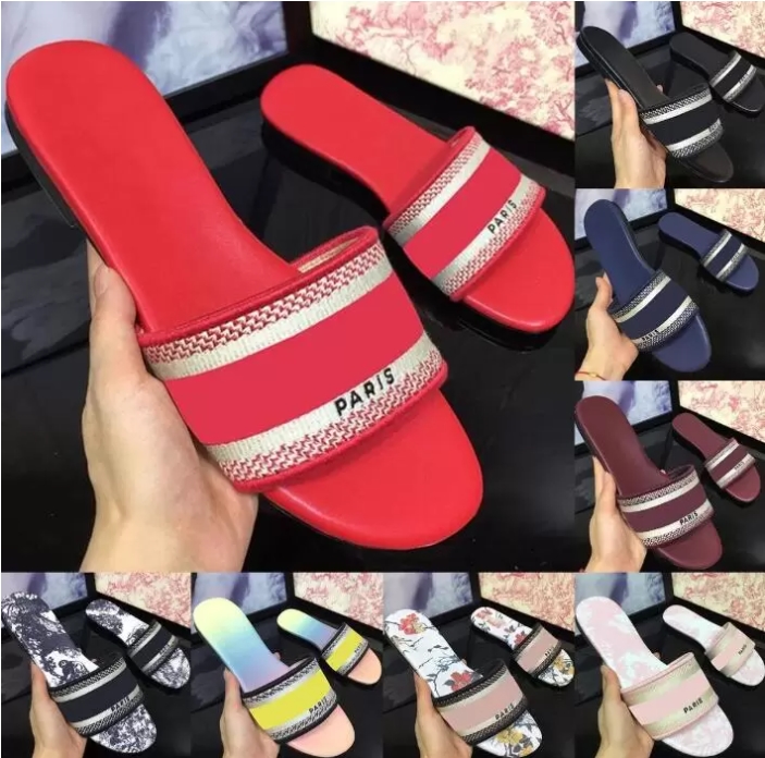 

2021 Designer Leather Ladies Sandals Summer Flat Slipper fashion beach woman Big head Slipper Rainbow letters slippers size:35-42 bagandshoe, Box