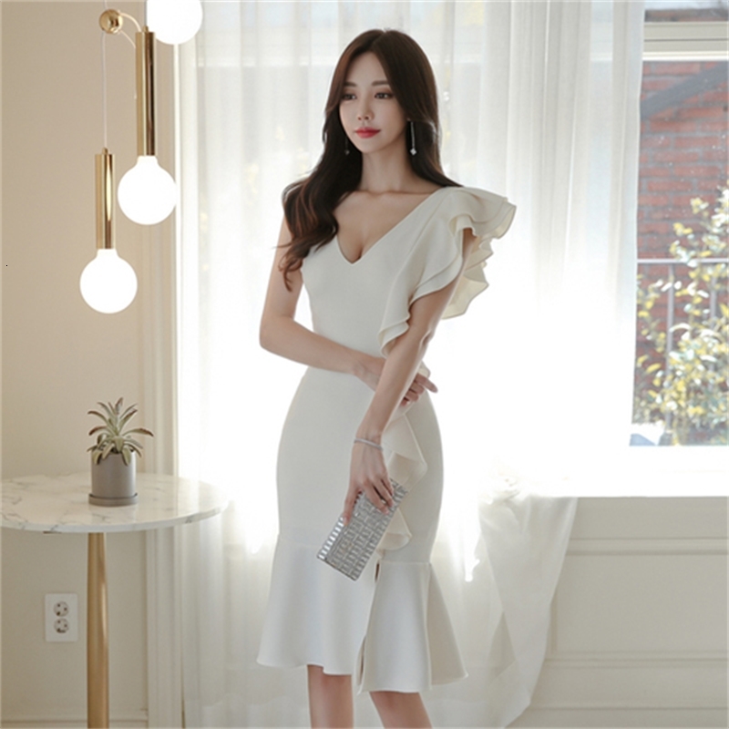 Casual Dresses Summer Ruffles Mermaid Bodycon Dress Women Solid Color Elegant Tank OL Special Occasion Fitted Vestidos FQ9W-image-699458165