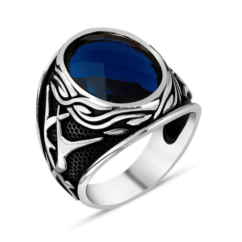 Cluster Rings Men Silver Ring With Oval Blue Zircon Stone And Modern Motif Made In Turkey Solid 925 Sterling-image-705098969
