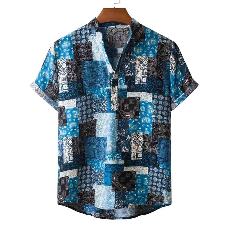 

2021 spring and summer men's short sleeve loose top cotton linen casual style thin stand collar shirt, Red