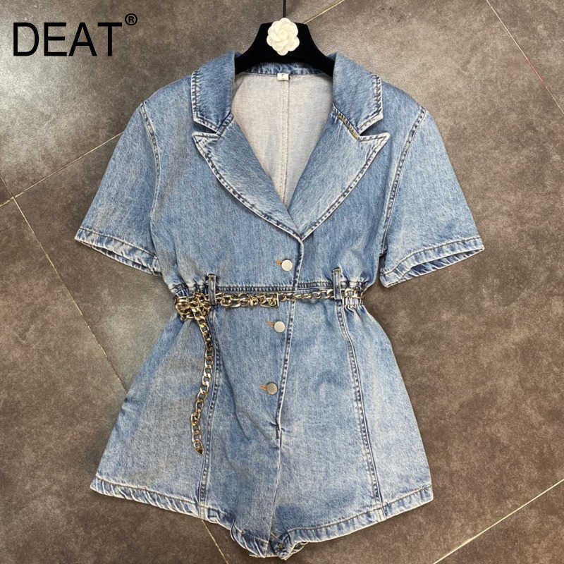 

DEAT summer fashion light denim blue high waist belt short jumpsuit turn-down collar short sleeves clothes WS30805L 210709, Figure color
