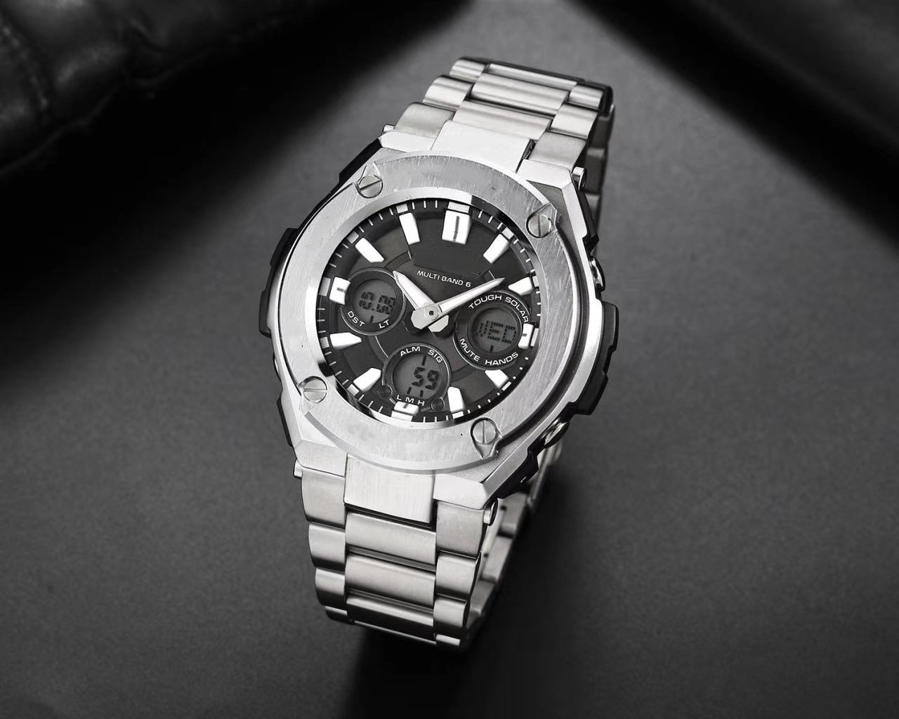 

DZ7333 Sports Men's Quartz Watch GST-W300 LED Three Eyes Display World Time Waterproof and Shockproof PU Strap High Quality, Slivery;brown