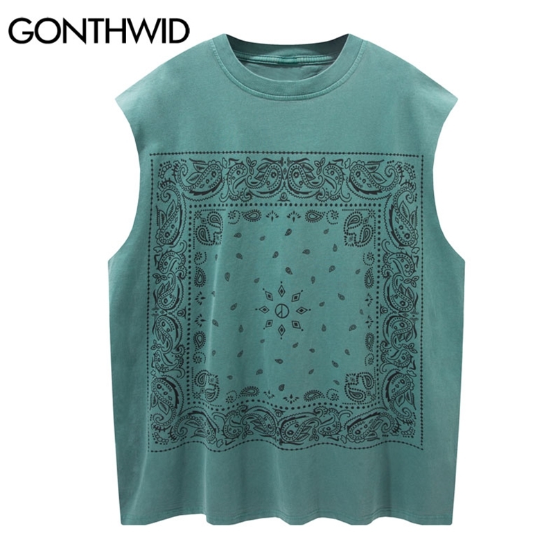 

Sleeveless Vests Streetwear Hip Hop Bandana Paisley Print Tank Tops Harajuku Fashion Casual Loose Cotton Tees Shirts 210602, Black