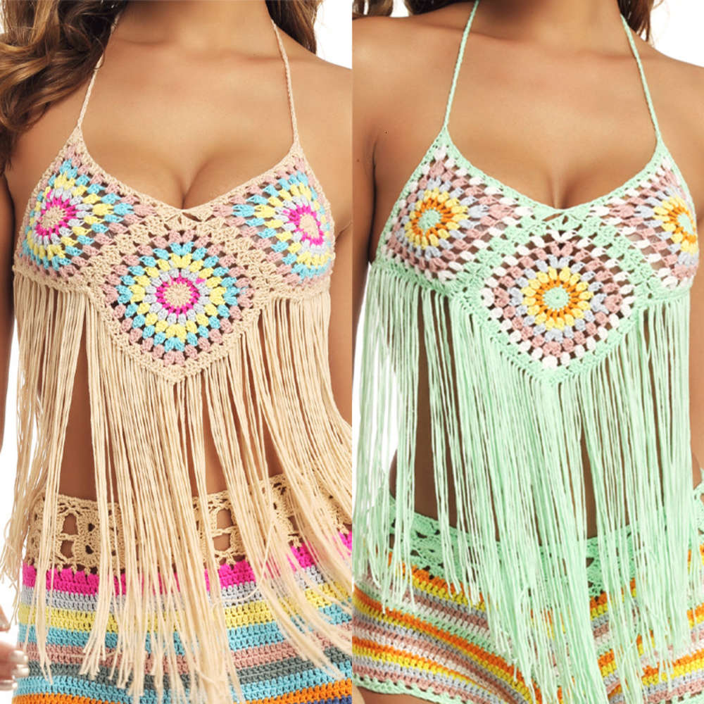 Outdoor Hand-made Colorful Bikini Fringe Beach Swimsuit Top triangl swimwear-image-692545959