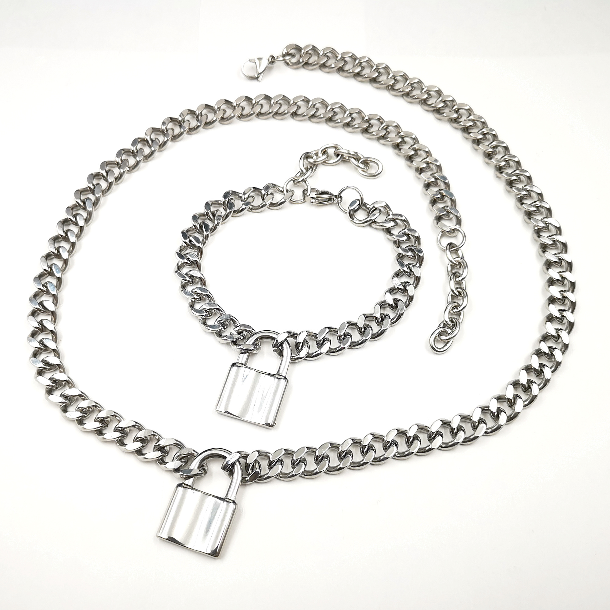 

Mens Cool Jewelry Set Stainless Steel Lock Pendant Charms bracelet + necklace Curb Chain For Friends Gifts 24''+9'' 10mm wide, Silver