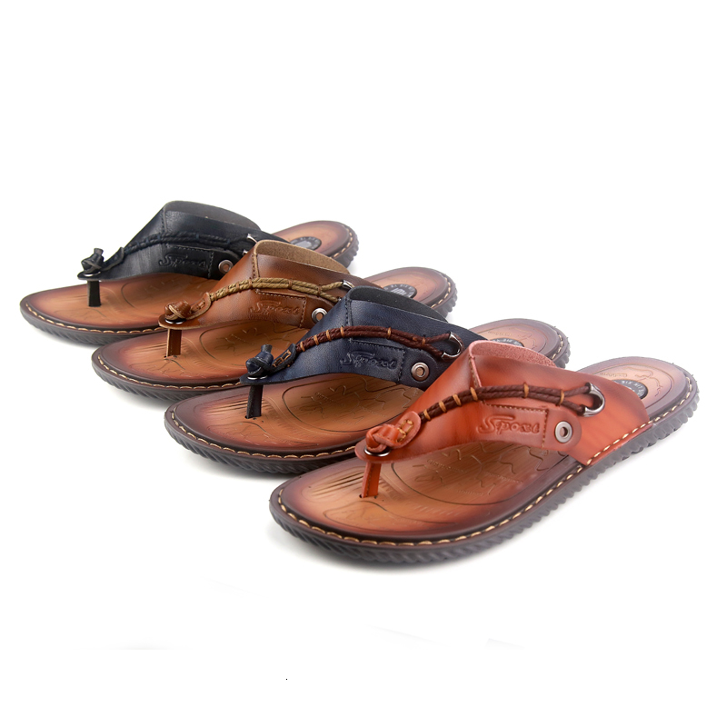 

slippers genuine leather summer retro concise men's casual big size fashion trend men flip flops outdoor non-slip beach nilp, Black