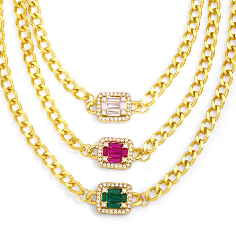 Chains 2021 Fashion Hip Hop Cuban Chain Green Zircon Lady Necklace CZ Luxury Jewelry Anniversary Gift-image-707390435