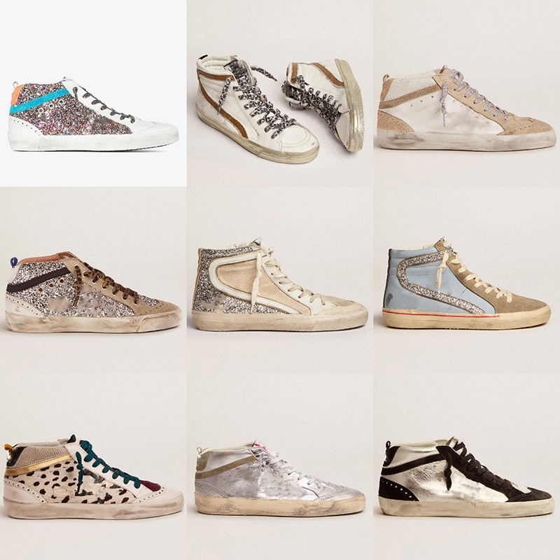 

luxury Fashion Mid Slide Star Sneakers Woman high top style shoes Leather Trainers Sequin Gold Classic White Do-old Dirty Men shoe, Black