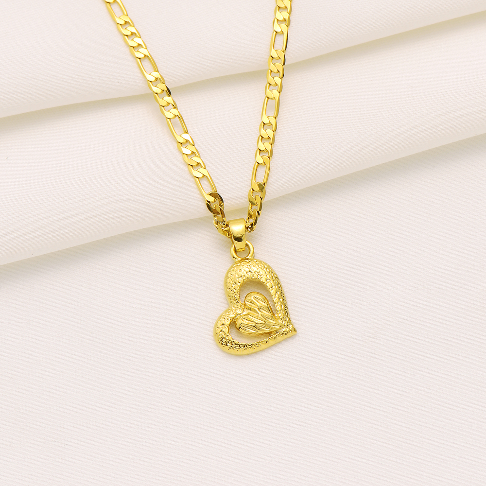 18k solide jaune or GF Vogue fille à l'intérieur à l'extérieur coeur pendentif italien Figaro lien chaîne collier 24 "3 mm