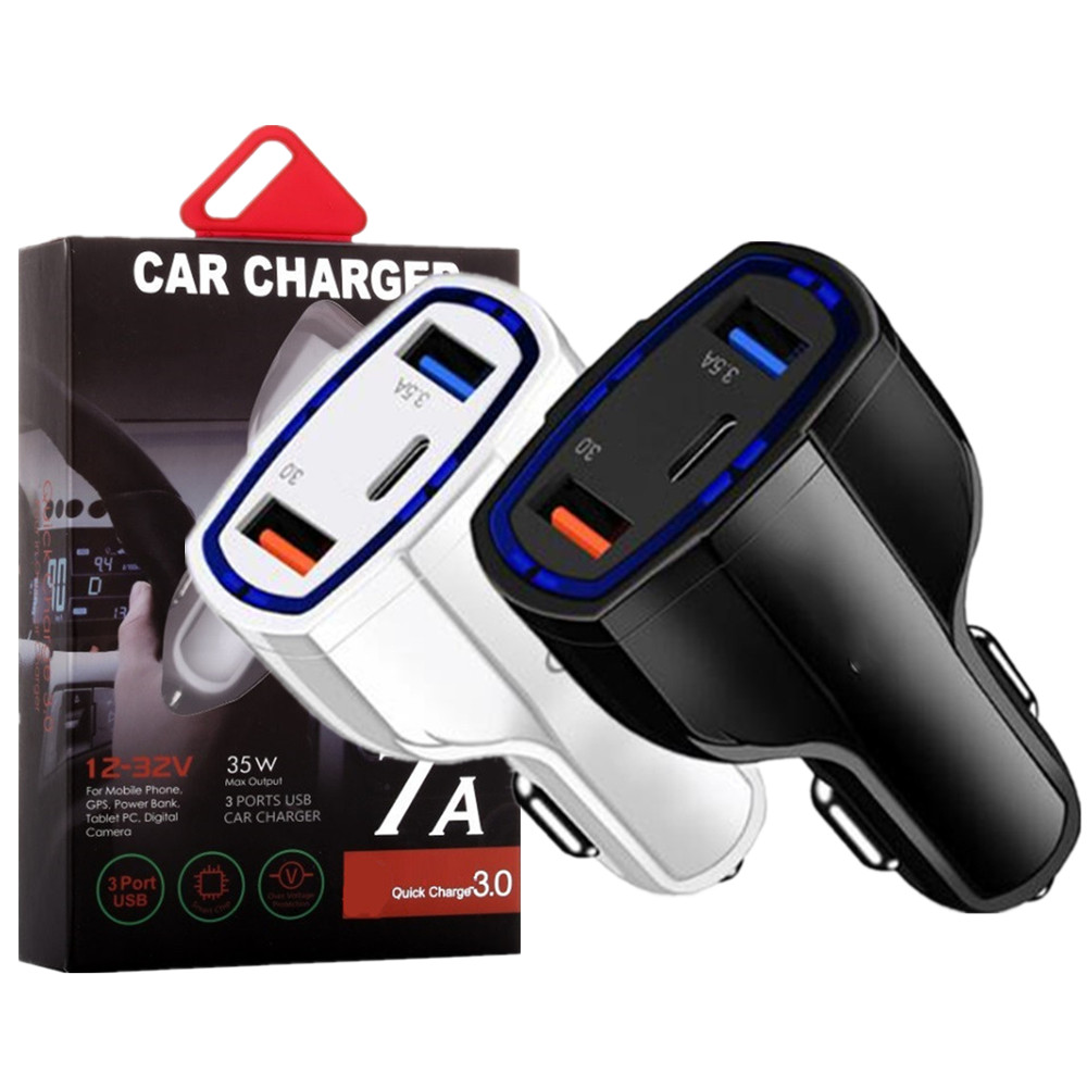 

35W 7A 3Ports Type c Car Charger Universal QC3.0 Fast Quick Charging PD USb-C Chargers For IPhone 12 13 14 Samsung S22 S23 Htc huawei With Box