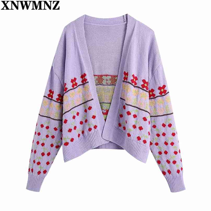 

Spring and Autumn Women's fashion jacquard knit cardigan sweater women sweet long sleeves open ribbed trims 210520, Violet