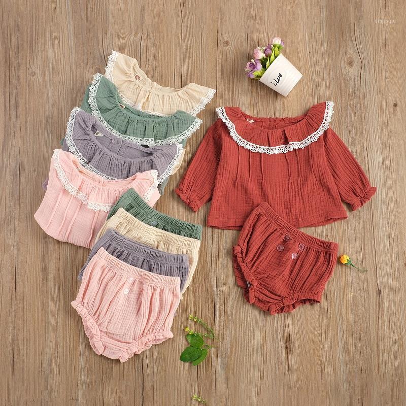 

Clothing Sets 0-24M Born Baby Girl Solid Color Long Sleeve Cape Collar Lace T-shirt Tops Shorts Pant Bottom 2PCS Set, White
