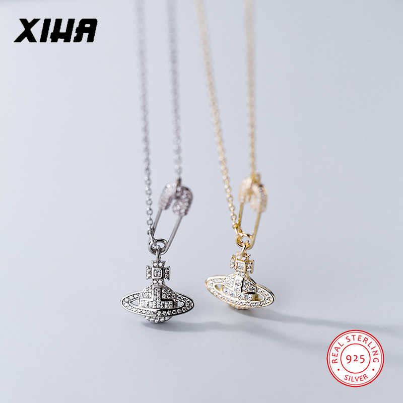 

XIHA Genuine 925 Sterling Silver Star Safety Pin Pendant Necklace Women Cubic Zirconia Choker Necklaces S925 Jewelry 210621