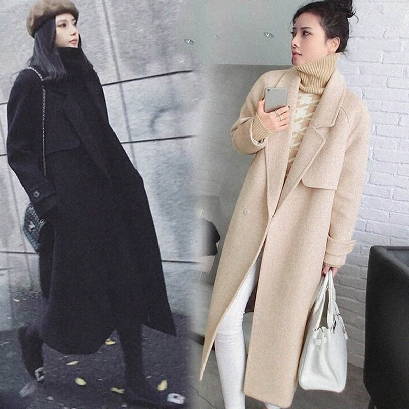 

New Fashion Women Autumn Winter Lapel Long Sleeve Longline Coat Slim Fit Long Coat PO66 t3a2#, Black