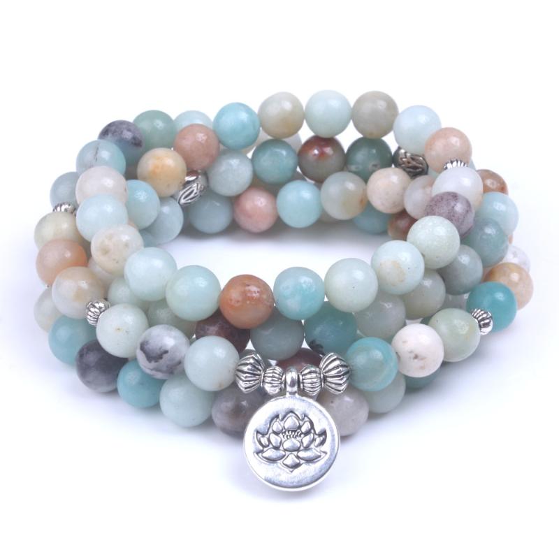 

Beaded, Strands Natural Stone Amazonite Mala Bracelet Lotus Bracelets Men Women Unisex 108 Prayer Beads Necklace Yoga Healing Drop