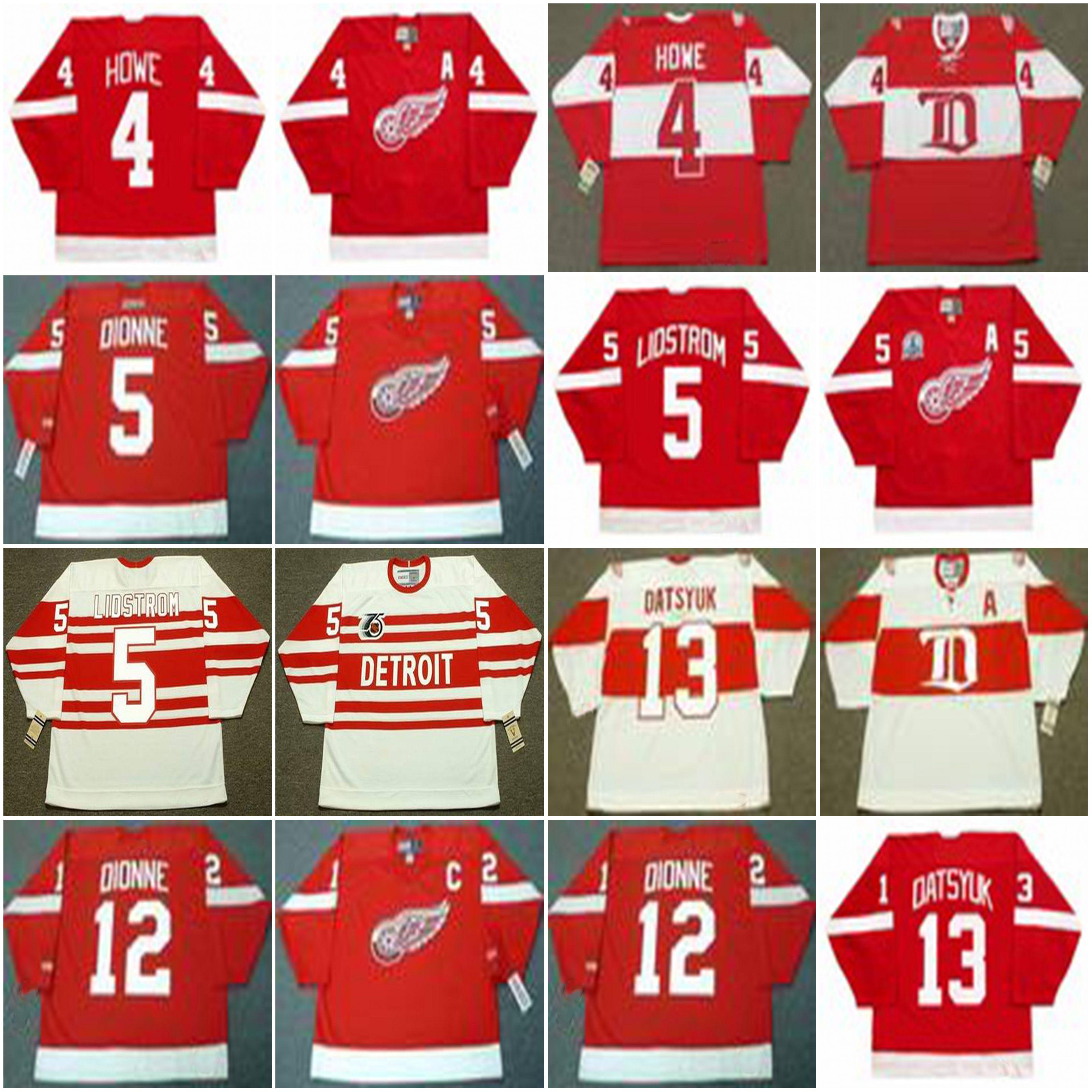 

Detroit Red Wings Hockey Jersey 4 MARK HOWE 1993 5 NICKLAS LIDSTROM 1992 7 TED LINDSAY 1940's 8 IGOR LARIONOV 2002 10 RON DUGUAY 1984 C, Blue;black