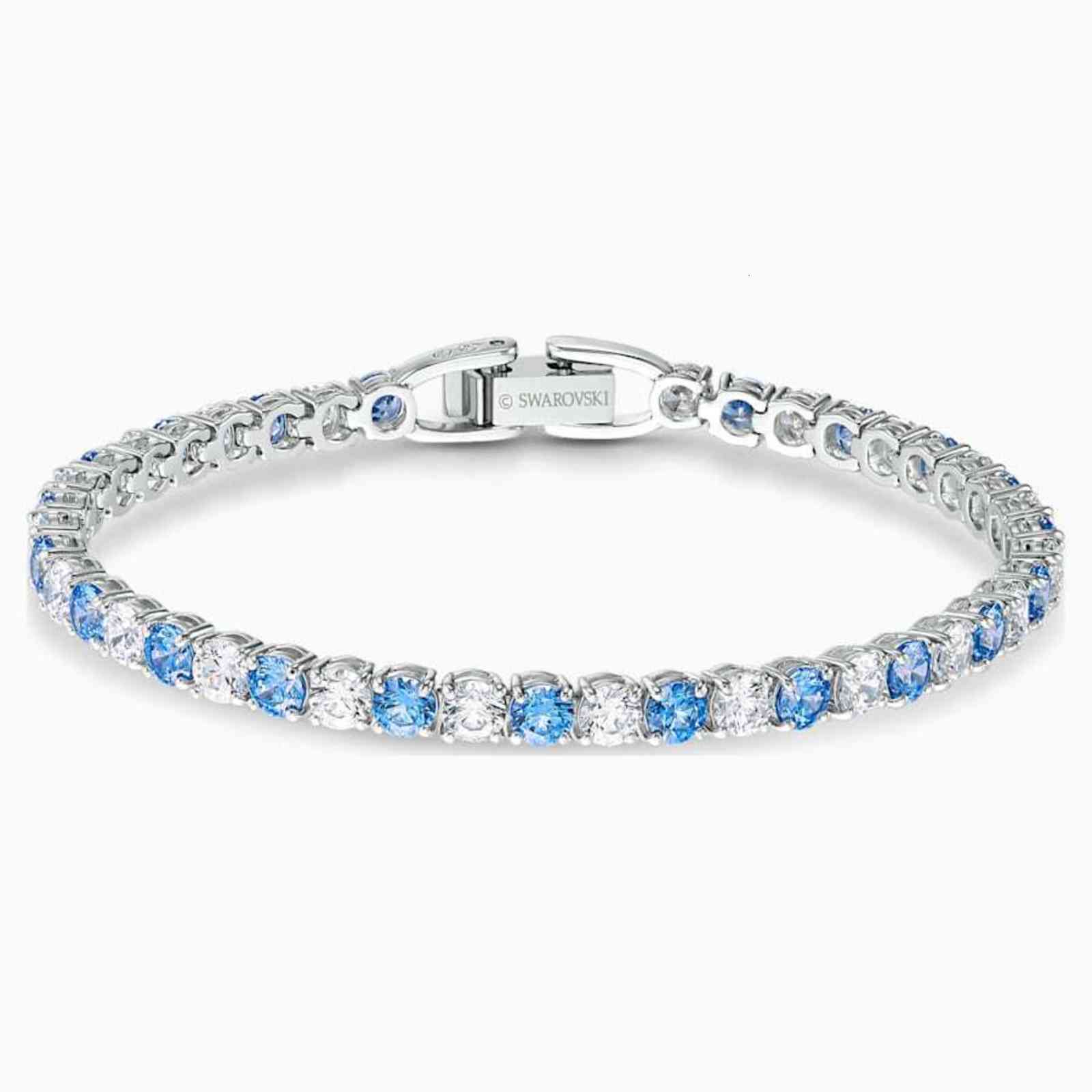Bangles Bracelets Shi Family Tennis Blue and White Bright Connected Bracelet Female Swarovski Element Crystal Single Row Tennis-image-739102674