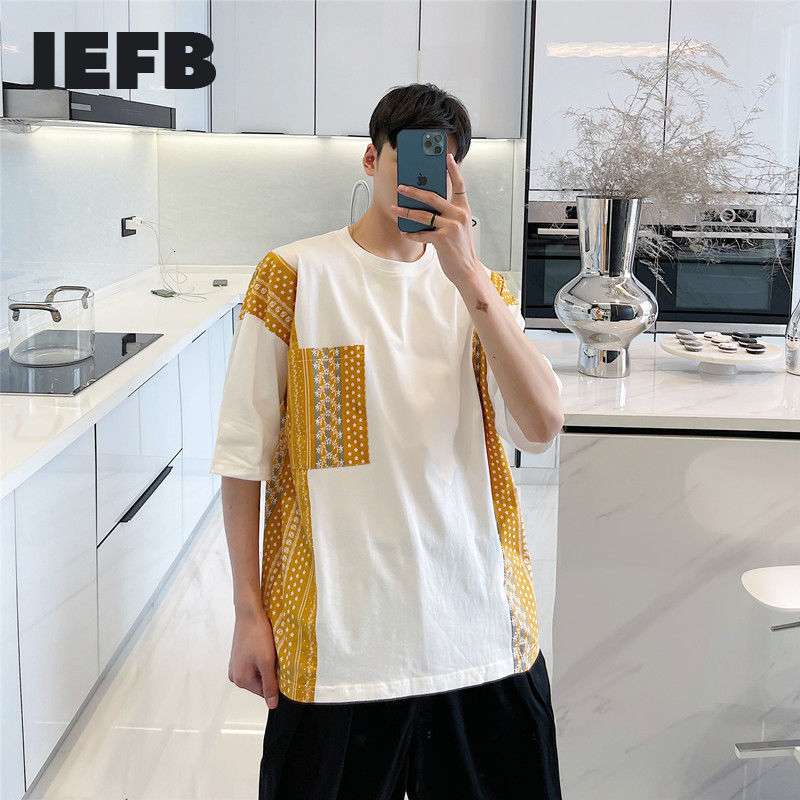 

IEFB Men's Summer Clothing Korean Trend Patchwork Pattern Loose Big Size White T-shirts Fashion O-neck Short Sleeve Tops 210524, Black