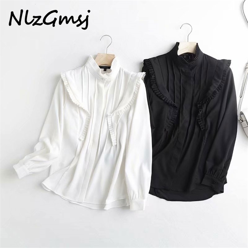 

Nlzgmsj Autumn Blouse Women England Style Fashion Elegant Solid Ruffles Pleated looss Blusas Mujer De Moda Shirt Tops 210628, As picture