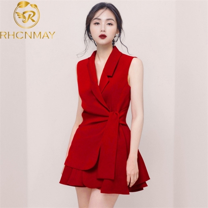 

Summer Lace-up Business Suit 2 Piece Set Runway Women Collar Sleeveless Long Blazers Vest + Mini Skirt Two 210520, Red wine sleeveless