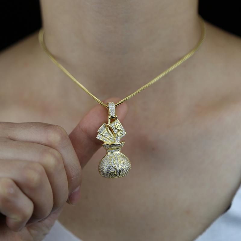 

Chains Sparking CZ US Dollar Money Bag Pendant Gold Color Iced Out Bling 5A Cubic Zircon Paved Hip Hop Women Box Chain Necklace Jewelry
