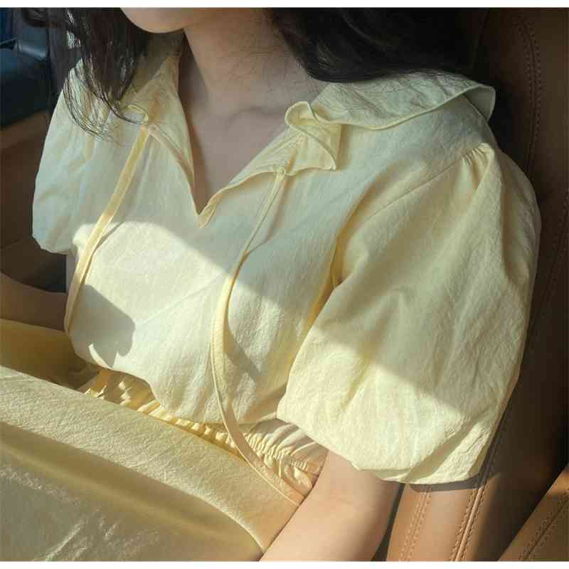 Summer Girls Women Cotton Casual short Sleeve Dresses Female Dress Vintage Solid yellow Boho Robe Femme Vestido 210417Z