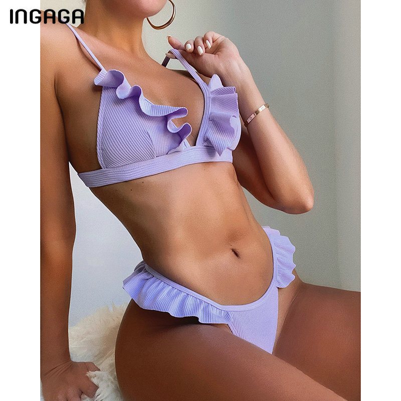 

INGAGA Push Up Bikinis Womens Swimsuits Sexy Ruffle Swimwear Ribbed Bathing Suits Thong High Cut Beachwear 2021 New Bikini Set, Lavender