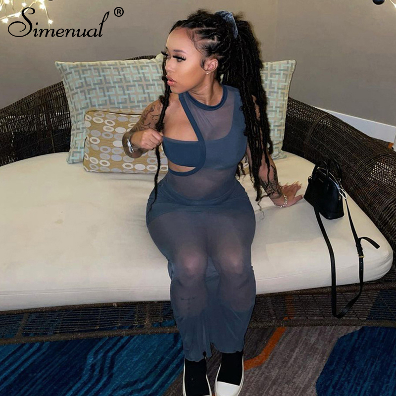 

Simenual Mesh Sleeveless Three Piece Long Dresses Summer Holiday Birthday Outfits For Women Sexy See Through Bodycon Dress Party, Black