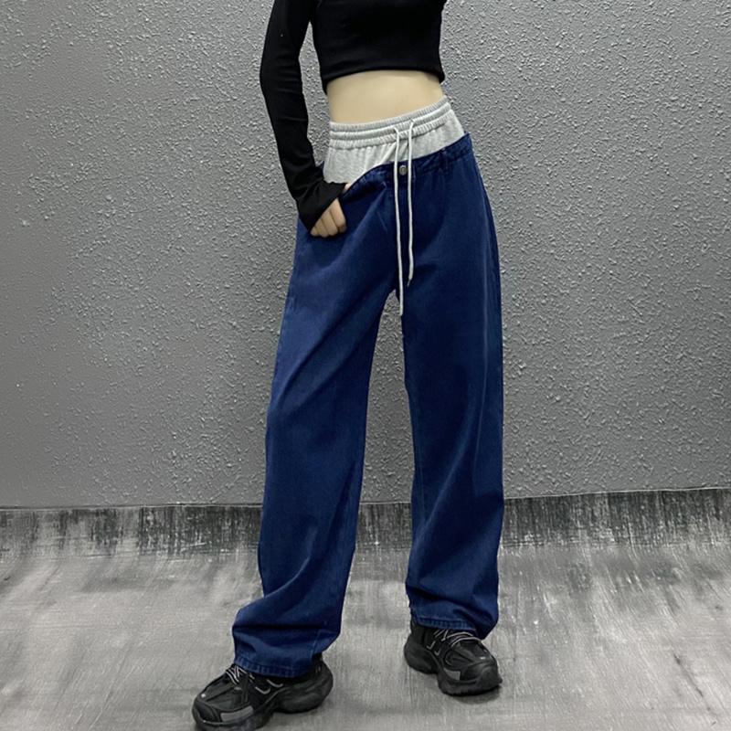 

Women's Jeans Streetwear Fashion Solid Color Autumn 2021 Double Waist Loose Straight Casual Denim Pants Female, Blue