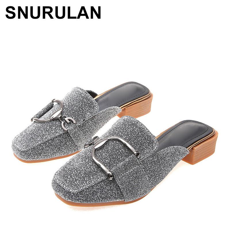 

Slippers SNURULAN 2021 Arrival Buckle Shoes European And American Style Summer Cute Bling Closed-toe High Quality, Black