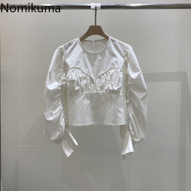 Nomikuma New Elegant O-neck Womens Tops Korean Pleated Puff Long Sleeve Blouses Causal Spring New Top Blusas Mujer 6F824 210427