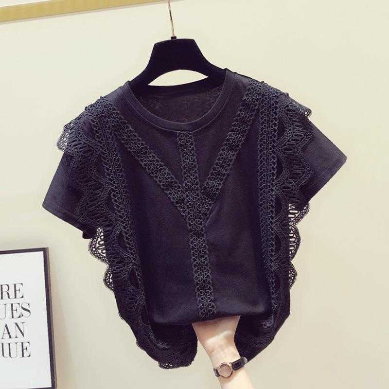 

Summer Lace Patchwork O Neck Short-sleeved Black T-shirt Women's Casual Top 210615