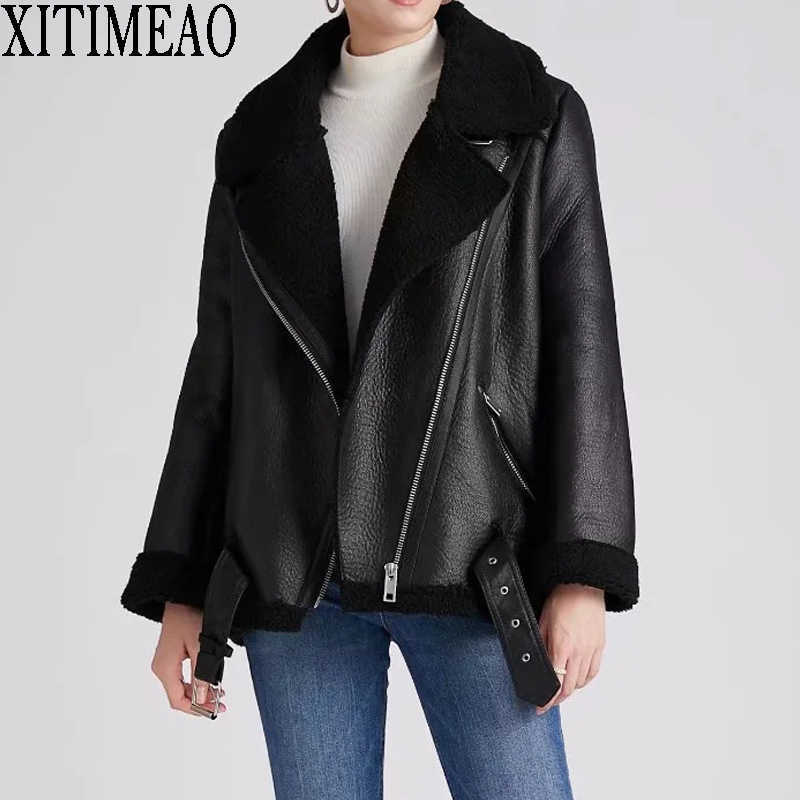 

ZA Retro Lapel Velvet Padded Fur One Coat Warm Fashion PU Leather Lamb Hair Motorcycle Clothing Bomber Keep Jacket 210604, Black