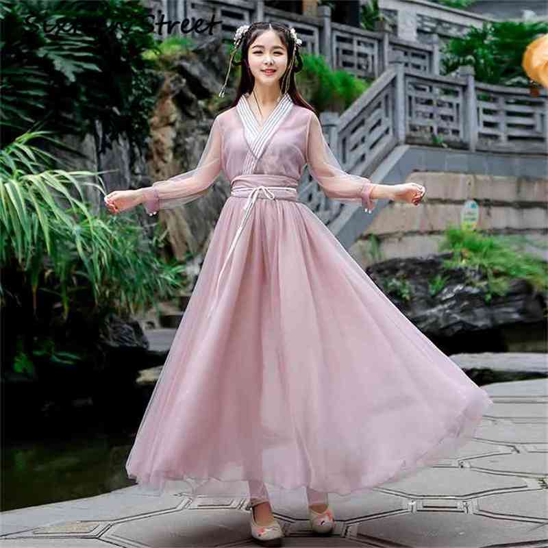 

Long Women Pink Dress Elegant Mesh Vintage Chinese Style Hanfu Voile V-neck Ankle-Length Sleeve Evening Party 210603, Blue