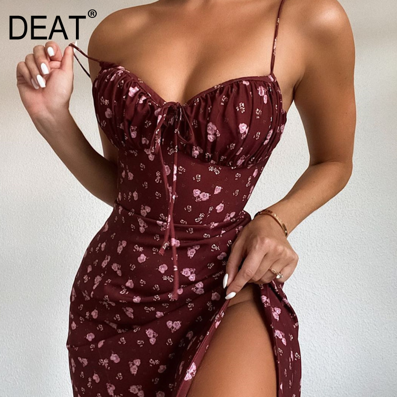 

Women Slim Dress Fashion Spring Summer Ladies Flower Print Sleeveless Sexy HR484 210525, Wine red