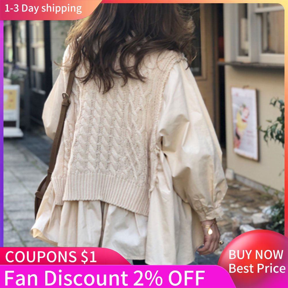 

Womens Sweater Autumn Vest Stitching Shirt Fake Two-piece Korean Women 2021 Loose Casual Pullover Lady Round Neck Fashion Tops, Beige