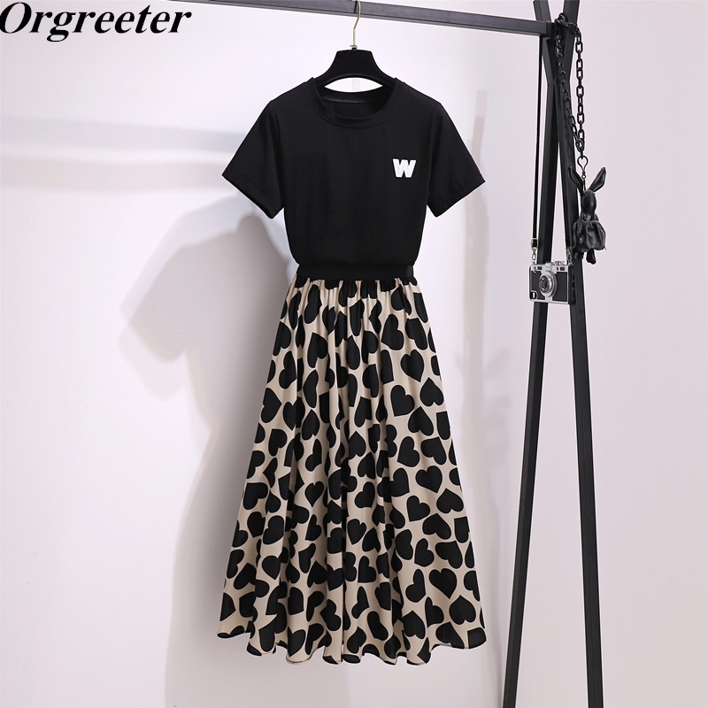 

Separately sale Tshirt and Skirt Summer Letter Embroidery Black Tee + Elastic waist Print Big Swing A-line Long Skirts 2PCS sets 210708, Only tshirt