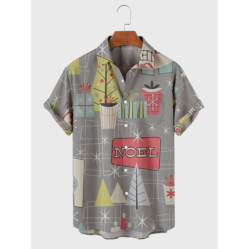 

Christmas letter printing Hawaiian style men's short-sleeved shirt geometric printing party beach daily casual top, White;black